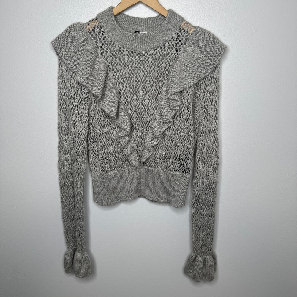 H&M Ruffle-trimmed Pointelle-knit Sweater in Grey Size Medium Casual Lightweight